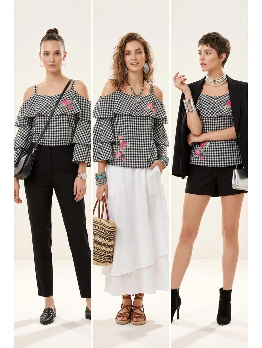 Cold Shoulder Gingham Blouse Multi-Tiered Ruffle Sleeves,Red Floral Embroidery